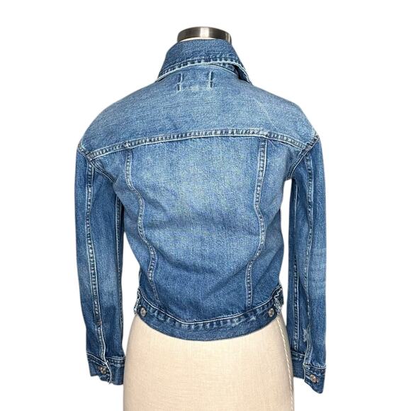 MADEWELL Boxy Crop Distressed Blue Denim Jacket Women's Size XXS Splatter Chic - Picture 4 of 7